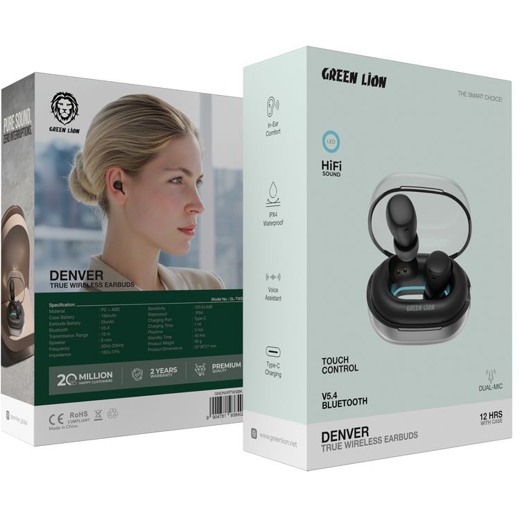 Green Lion Denver True Wireless Earbuds with IPX4 Waterproof, Voice Assistant, In-ear Comfort, Dual-Mic, Touch Control, 3 Hours Playtime - Black