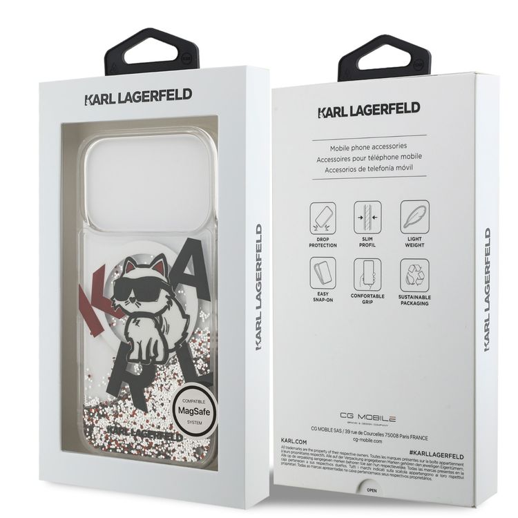 Karl Lagerfeld MagSafe Liquid Glitter Case with Scattered Choupette Logo for iPhone 17 Pro, Slim Profile, Drop Protection, Easy Snap-On, Sustainable Packaging, Comfortable Grip, Lightweight Design - White