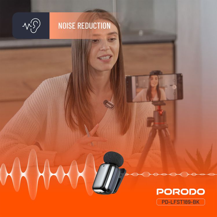 Porodo Wireless Lavalier Microphones with Lightning Connector, Noise Reduction, 33 Hours Working Time with Charging Case, 250mAh Case Battery Capacity, <22ms Latency, Plug & Play - Black