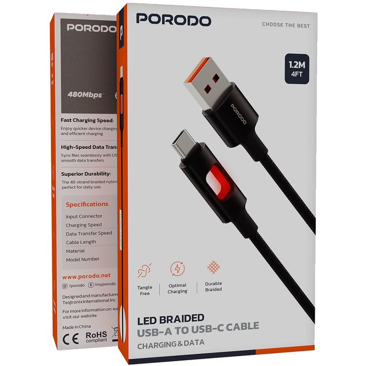 Porodo LED Braided USB-A to USB-C Cable with 12W Power Delivery, 1.2m Cable Length, Tangle-Free Design, High-Speed Data Transfer, Fast Charging Speed, Superior Durability - Black