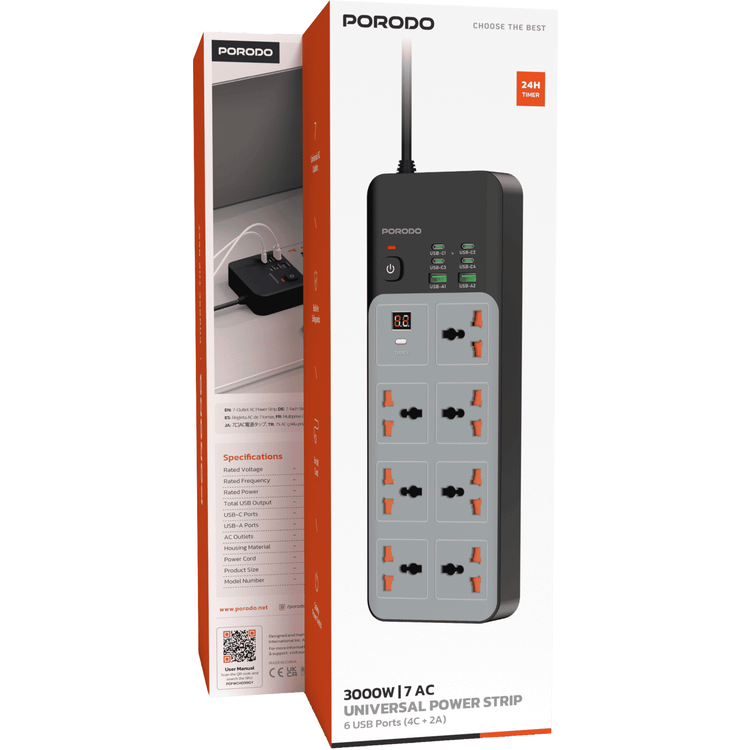 Porodo 3000W Universal Power Strip with 7×AC Sockets, 4×Type-C & 2×USB-A Ports, Safety Power Switch, 24-Hour Timer, Built-in Surge Protection, Fireproof PC Material, UK 3-Pin with 3m Cord Length, Multi-Device Charging - Grey