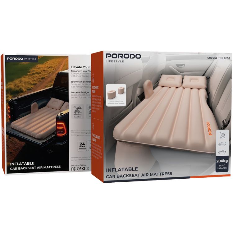 Porodo Lifestyle Inflatable Car Mattress with Automatic Pump, 200kg Load Capacity, Space Saving Design, Premium Material, Fits in Most Vehicles, Comfortable Design - Beige