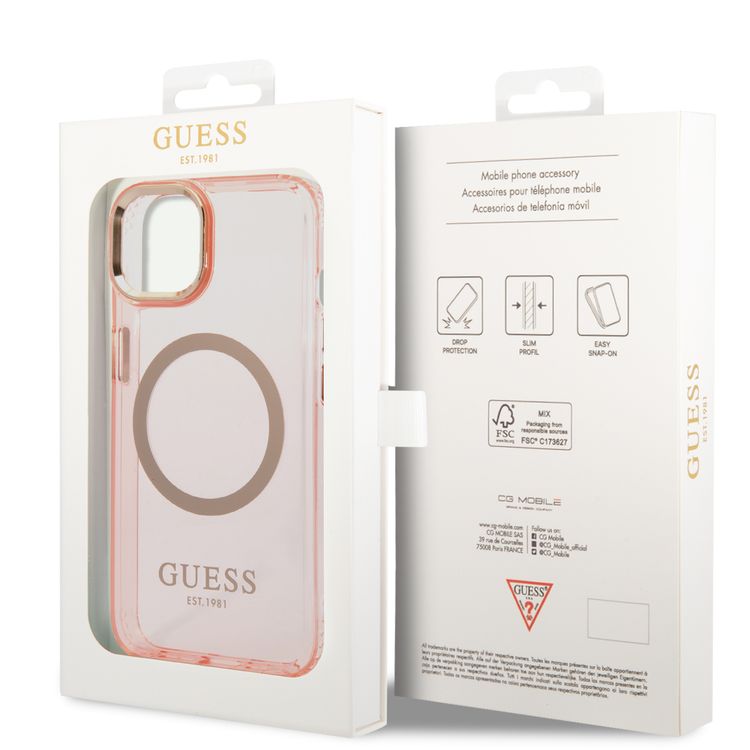 Guess Magsafe Case With Translucent Gold Outline - iPhone 14 - Pink