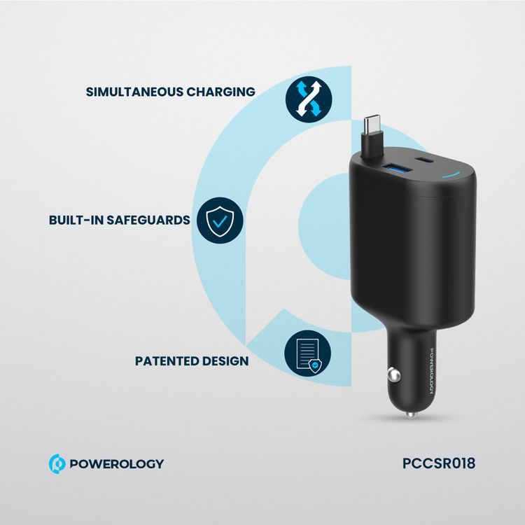 Powerology Type-C Retractable Car Charger, Dual Ports, Patented Design, Built-in Safeguards, Simultaneous Charging, Integrated Type-C Cable - Black
