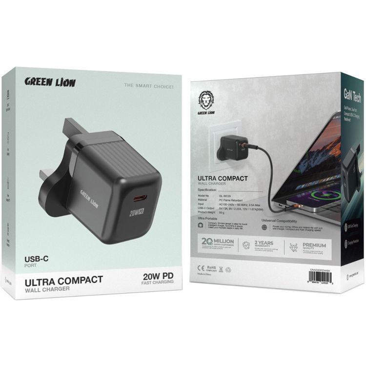 شاحن حائط Green Lion Ultra Compact GaN بمنفذ USB-C واحد، بدون كابل، مادة مقاومة للحريق للكمبيوتر الشخصي، يدعم الشحن السريع، حماية الشحن، متوافق عالمي، محمول للغاية - أسود