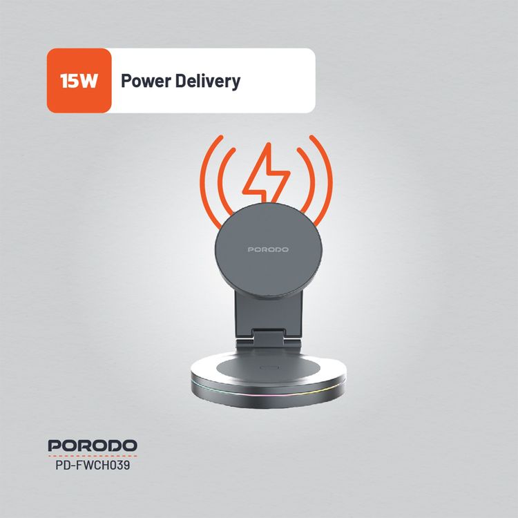Porodo Rotating Base Three-Device Wireless Charger with 15W Wireless Output, Folding Design, Fast Charging, Type-C Input Interface, Lightweight & Portable - Gray