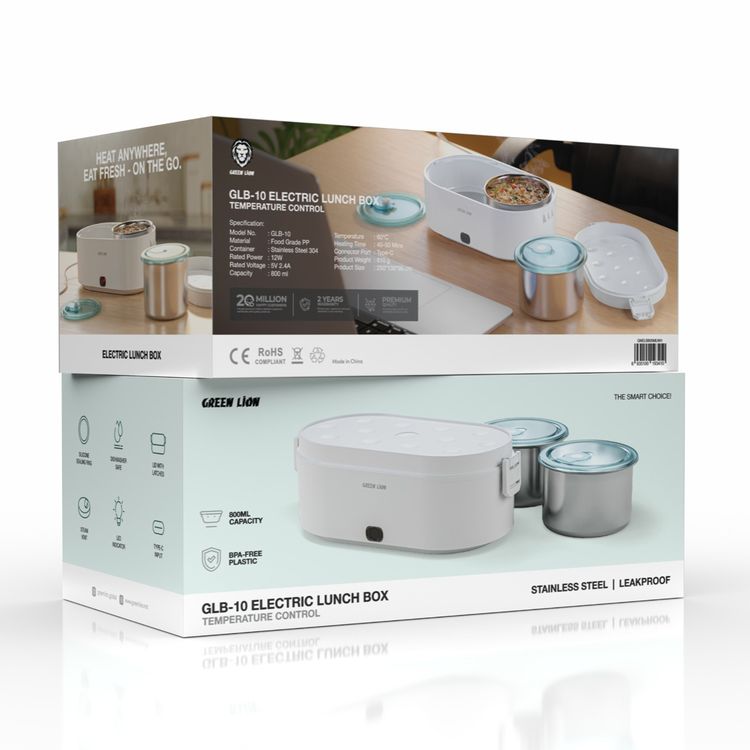Green Lion GLB-10 Electric Lunch Box with LED Indicator, Steam Vent, Type-C Connector, 800mL Capacity, Up to 60°C Temperature - White