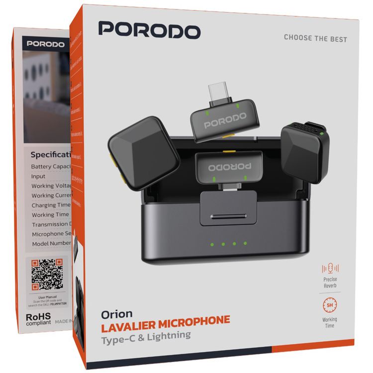 Porodo Orion Lavalier Dual Microphones with Type-C & Lightning Connector, Precise Reverb, 1 Hour Charging Time, 5 Hours Working Time, 650mAh Case Battery Capacity, 55mAh Microphone Battery Capacity, 15-20m Transmission Distance, Auto Pairing Technology, Instant Wireless Setup - Black