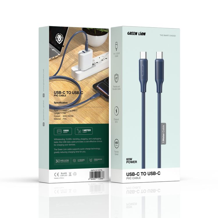 Green Lion USB-C to USB-C 1Meter 3.28 ft Cable with 60W 20V/3A Current, Flexible and Durable, Charge and Sync, 480 Mbps Transfer Speed, PVC Material, 10000 Bends Lifespan - Blue