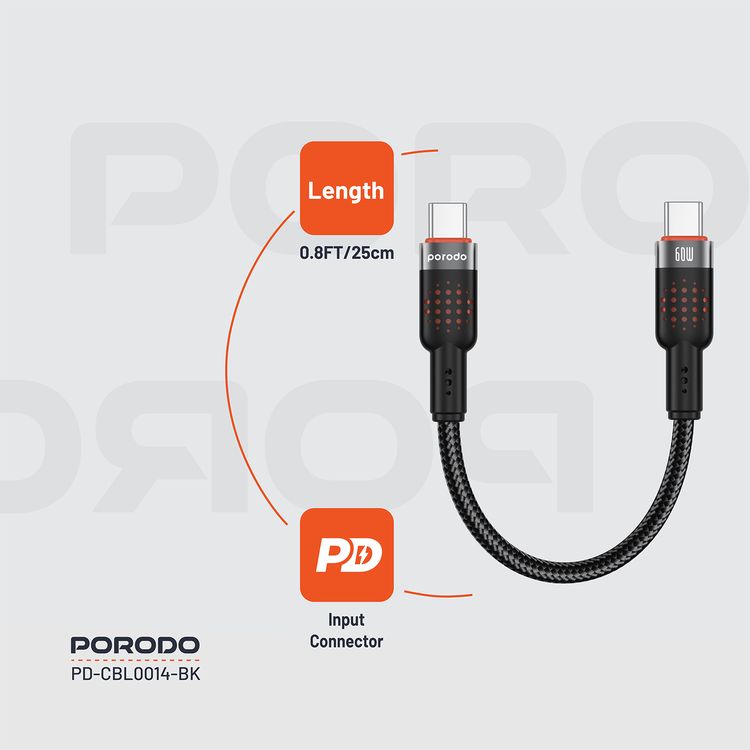Porodo USB-C to USB-C Braided Cable with 60W Power Delivery, 480Mbps Transfer Speed, Braided & Tangle-Free Design, 15000+ Bends Lifespan, Fast Charge & Data Sync - Black