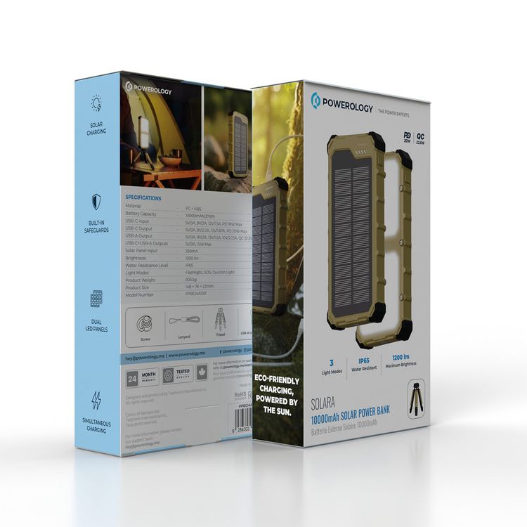 Powerology Solara 20000mAh Solar Power Bank with Built-in Safeguards, Dual LED Panels, Simultaneous Charging, Solar Charging, 3 Light Modes, IP65 Water Resistance Level, PD 20W, 1200 Lumens Maximum Brightness, QC 22.5W, USB-A to USB-C Cable, Solar Charging - Khaki