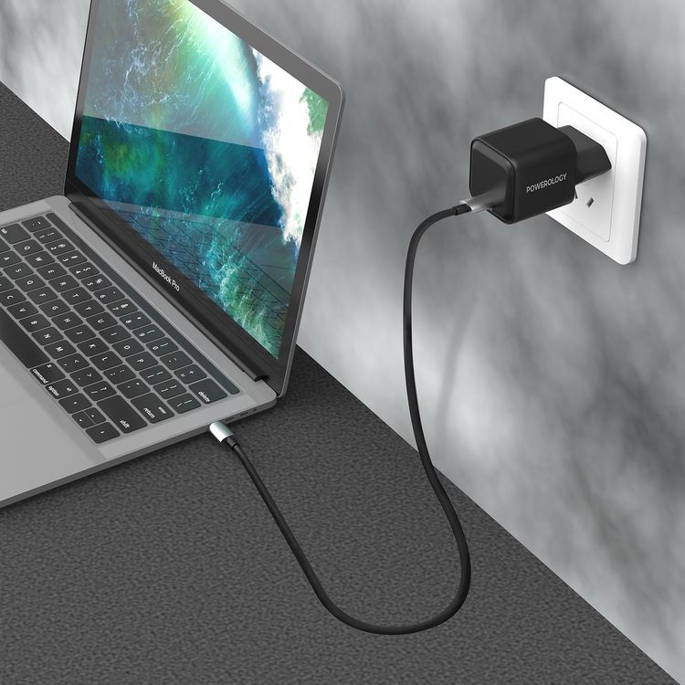 شاحن Powerology 35W Ultra-Quick GaN مع قابس الاتحاد الأوروبي، منفذ إخراج USB-C، شحن سريع، تصميم محمول ومضغوط، حماية مدمجة، مدخل 100-240 فولت - أسود