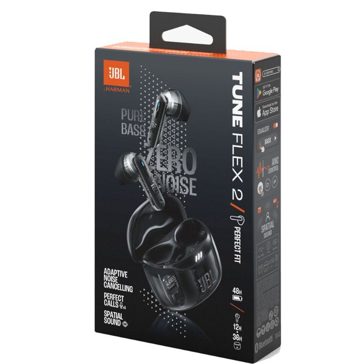 سماعات JBL Tune Flex 2 مع صوت JBL Pure Bass، وتطبيق JBL Headphones، و عمر بطارية يصل الي 48 ساعة و وقت شحن لمدة ساعتين - أسود شبحي