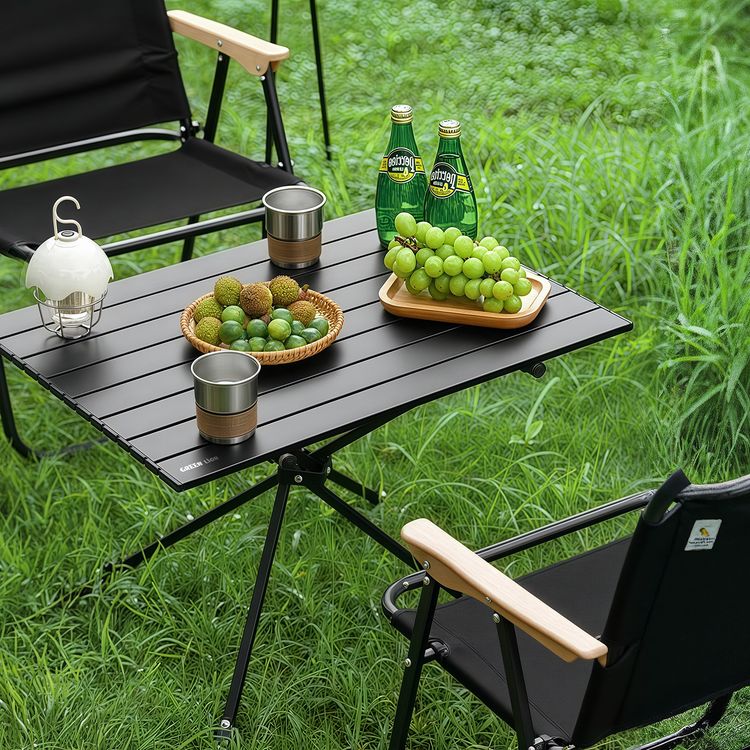 Green Lion CAMP T2 Foldable Camping Table with Carbon Steel Material, 30kg Load Capacity , Lightweight Design, Scratch Resistant, Easy Cleaning, Carry Bag Included, Roll-Up Tabletop Design - Black