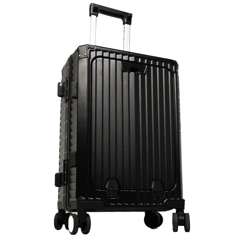 Levelo RoamRollers Travel Luggage with an Aluminum Body, USB-A & USB-C Output, Metal Corner Protection, Front Pocket Compatible with Up to 15.6" Laptop, Phone Holder and Cup Holder, Silent Spinner Wheels - Black 