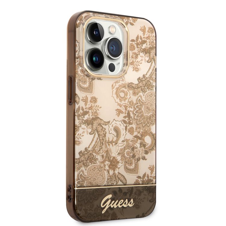 Guess PC/TPU IML Case With Double Layer Electroplated Camera Outline & Toile De Jouy - iPhone 14 Pro - Ochre