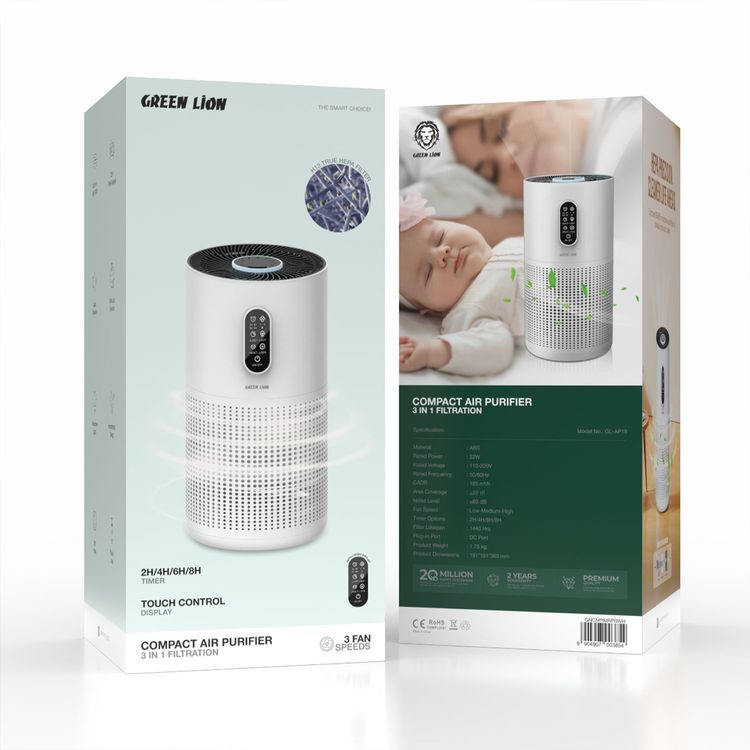 Green Lion Compact Air Purifier with 3-in-1 Filtration, 22W Rated Power, Up to 22m² Coverage Area, 3 Fan Speeds, Quiet Operation, Touch Display, Child-Lock Function, ABS Material, 4 Timer Options - White