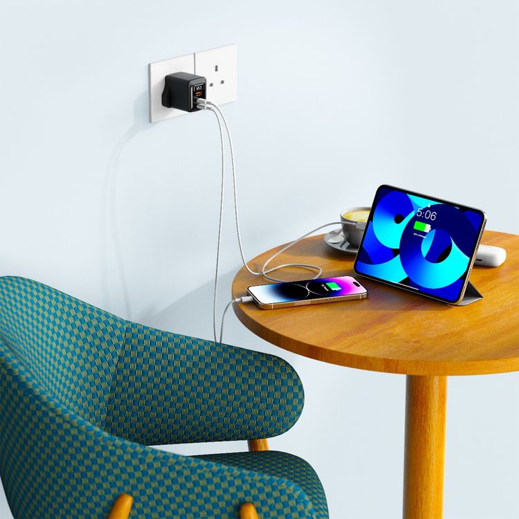 Porodo GaN Wall Charger with USB-C to USB-C Cable, Single USB-A & Dual USB-C Ports, 65W Power Delivery, Built-in Safeguards, Fast Charge Support, Multiple Device Charging, Digital Display - Black