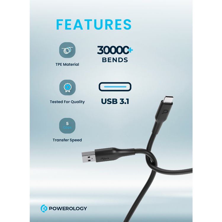 Powerology TPE USB-A to Type-C Charging Cable with Fast Charging & Data Transfer, Universal Compatibility, 3A Charging Current, TPE Material, More than 30000 Bends - Black