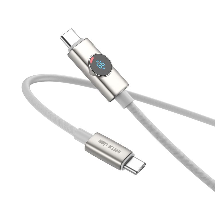 Green Lion Volt Display Nylon Braided 1m USB-C to USB-C Cable, PD 100W, Laptop Compatible, Digital Display, Nylon Braided, Charge & Sync, Secure & Safe, Zinc Alloy + Nylon Material - Titanium