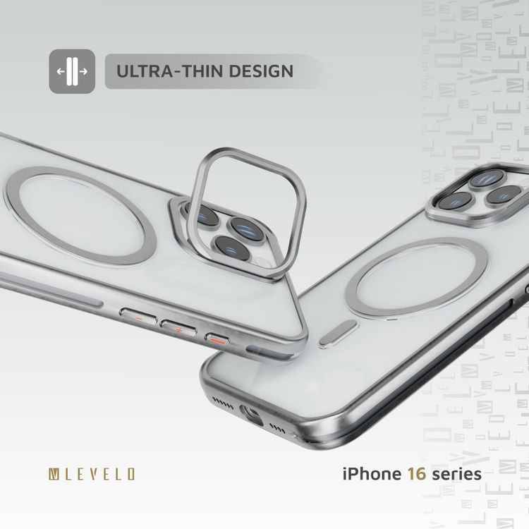 Levelo Elio PC Case with Camera Ring Stand for iPhone 16 Pro Max, Built-in Kickstand, MagSafe Compatible - Silver 