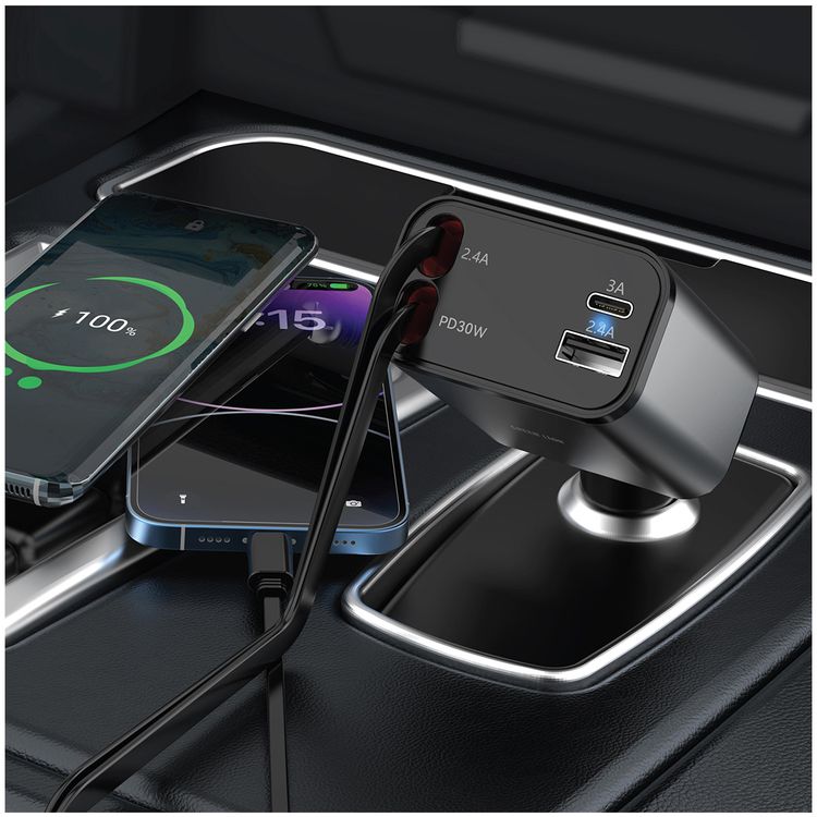Green Lion Green Lion Retractable 50W Car Charger with Digital Display, 80cm Cable Length, Angle 180° Adjustment, Built-in Safety Fuse, Short Circuit Protection - Black