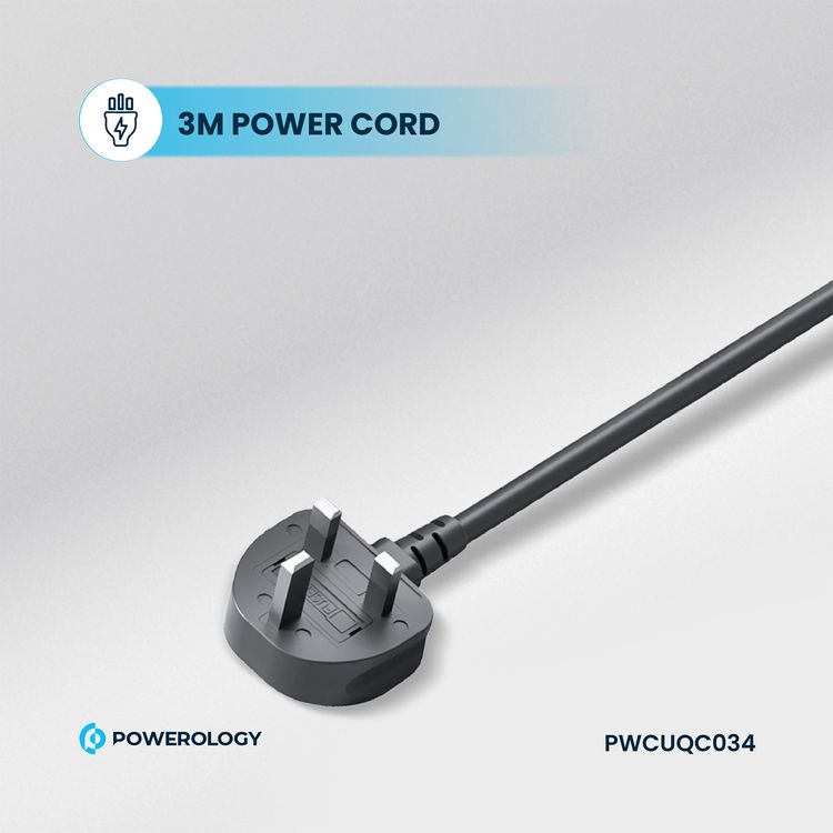 Powerology Power Strip with Power Switch, 20W PD, 3m, UK Plug, 5V/3A Simultaneous Use, 2 USB-C Ports, 2 USB-A Ports, 6 AC Sockets - Black