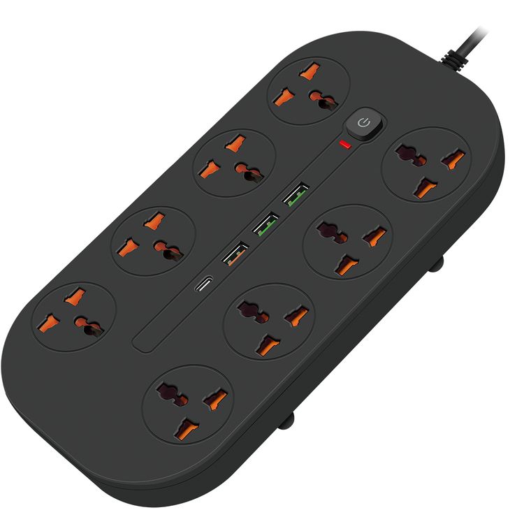 Porodo 8AC Universal Power Strip with Premium Materials, Safety Shutters, 13A Maximum Current, 3m Cable Length - Black