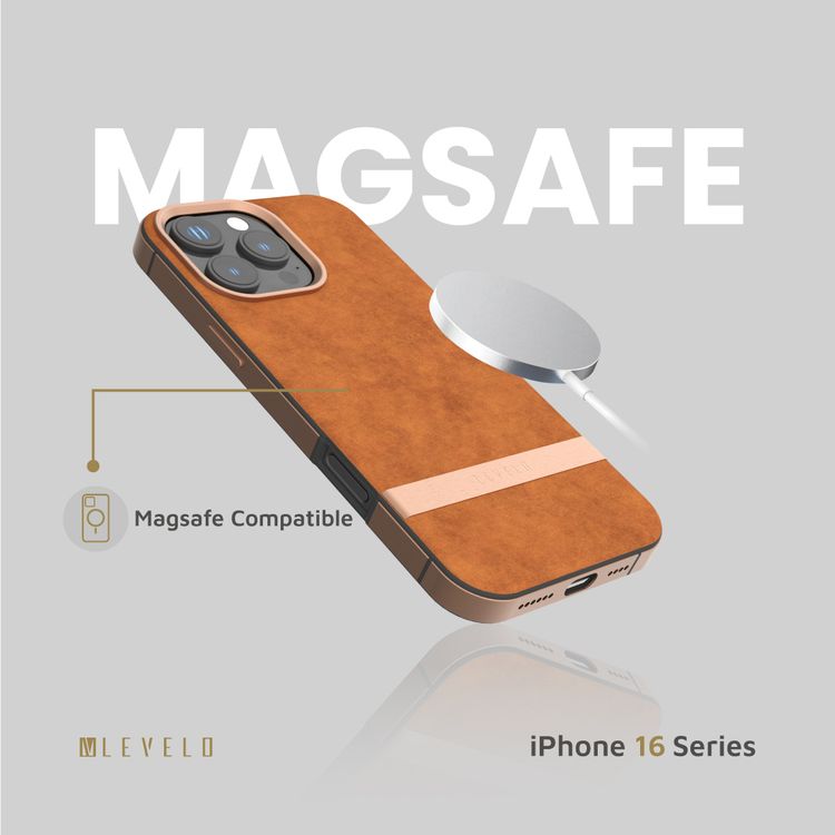 Levelo Pelle Leather Case for iPhone 16 Pro Max with Aluminum Bumper, Impact Resistant Corners, MagSafe compatibility, Lightweight & Slim Profile - Brown