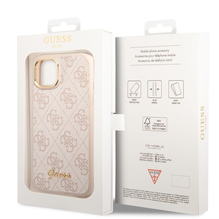 Guess PC/TPU 4G PU Case with Metal Camera Outline & Buttons iPhone 14 Plus Compatibility - Pink