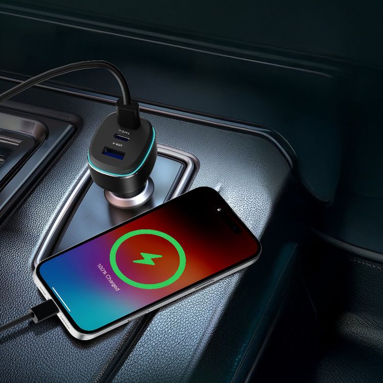 Powerology 140W Triple-Port High-Power Car Charger with USB-C to USB-C Cable, 140W Total Output, LED Ambient Light, Fast Charge, USB-A & Dual USB-C Ports, Zinc Alloy with Oil Painting Finish Material - Black / Gray