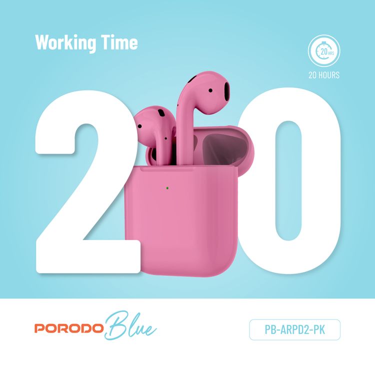 Porodo Blue Deep Bass Wireless Earbuds 2, One-Step Pairing, Comfortable Fit, Independent Earbuds, Touch Control, Deep Bass - Pink