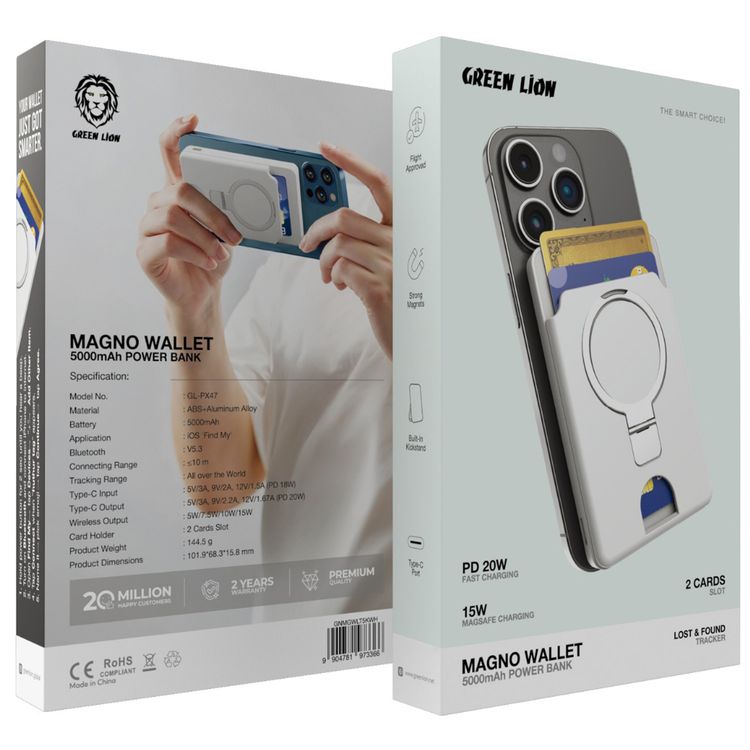Green Lion Magno Wallet with Built-in 5000mAh Power Bank, Bluetooth Version 5.3, All Over the World Tracking Range, Built-in Kickstand, Lost & Found Tracker, Flight-Approved, Up to 15W Wireless Output, 2 Cards Slot - White