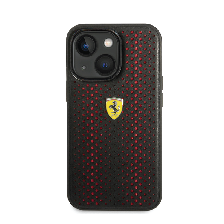 Ferrari PU Leather Perforated Case with Nylon Base & Yellow Shield Logo iPhone 14 Plus Compatibility - Red