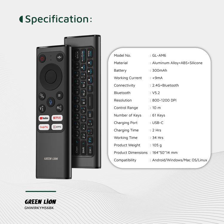 جهاز Green Lion Wireless Remote Pro مع لوحة مفاتيح وفأرة، اتصال 2.4G + بلوتوث، دقة 1200 DPI، منفذ شحن Type-C، مساعد صوتي، 61 مفتاح للوحة المفاتيح، سعة بطارية 300mAh، لوحة مفاتيح صغيرة – باللون الأسود.