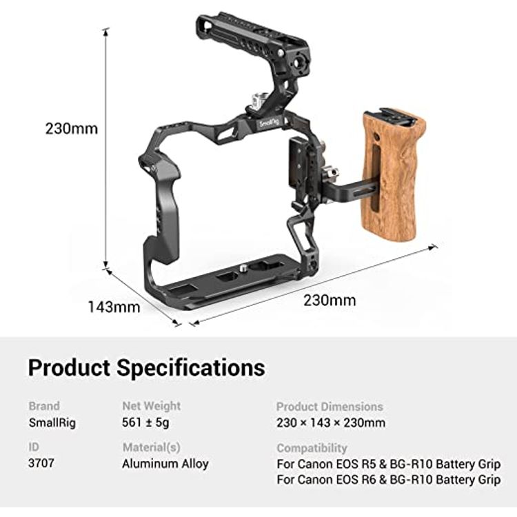 SMALLRIG EOS R5 /R6 Basic Kit, Camera Cage for Conon EOS R5 /R6 with BG-R10 Battery Grip, Including Cage, Top Handle, Side Handle and Clamp - 3707 - Black