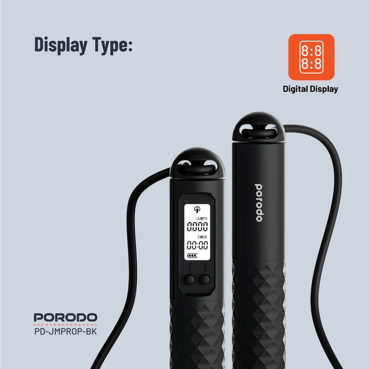 Porodo Lifestyle Smart Skipping Rope Forward & Reverse Counts, Battery Display Set Time - Black