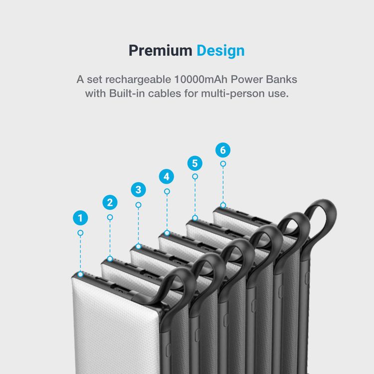 Powerology 6 in 1 Power Bank Station 10000mAh With Built-in Cable, Portable Power Bank, 1 Rapid Recharging Station, Type C Charging Ports - White