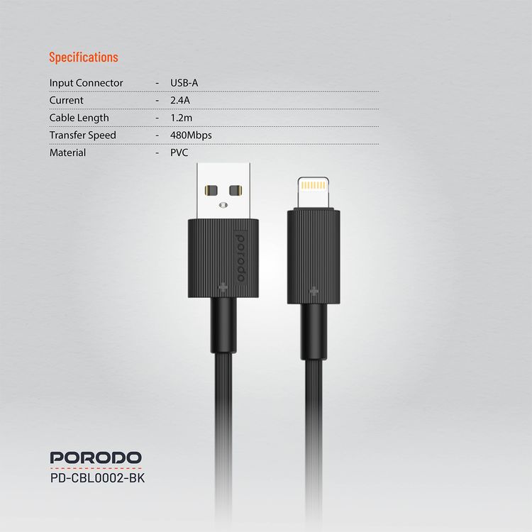 Porodo USB A to Lightning PVC Cable, 480Mbps, 2.4A Current, more than 15000 Bends Life Span, 1.2m Cable length, Tangle Free - Black