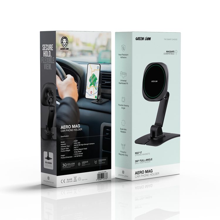 Green Lion AERO MAG Car Phone Holder with Powerful Magnetic Grip, 17× N52 Magnets, Flexible Viewing Angle, High-Strength Adhesive, Universal Dashboard Fit, Heat-Resistant Adhesive, Dual-Axis Rotation - Black 