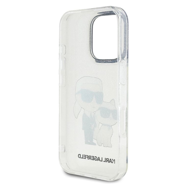 جراب Karl Lagerfeld IML اللامع الصلب مع شعار Karl &amp; Choupette NFT لهاتف iPhone 16 Pro، ممتص للصدمات والسقوط، فتحات دقيقة، قبضة مريحة، سهل التركيب - شفاف