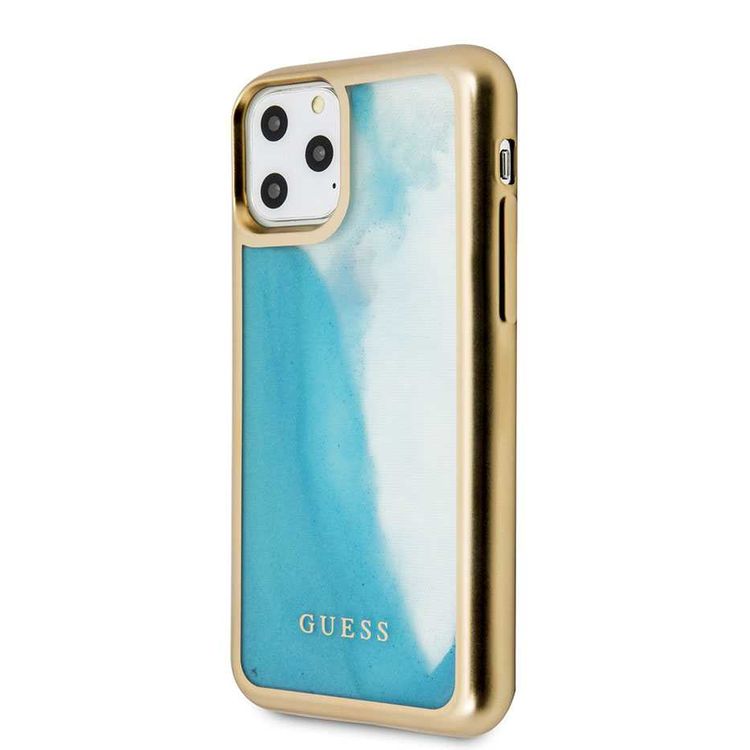 CG MOBILE Guess Glow Dark TPU Case Compatible with iPhone 11 Pro Max, Fit & Lightweight, Supports Wireless Charger, Easy Access to All Ports, Officially Licensed - Matte Gold/Blue