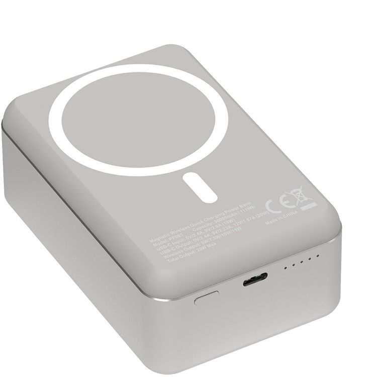 Powerology 30000mAh MagSafe Aluminum Power Bank with 20W Power Delivery, 15W Wireless Output, Li-Polymer Battery, Simultaneous Charging, Compact Design - Titanium