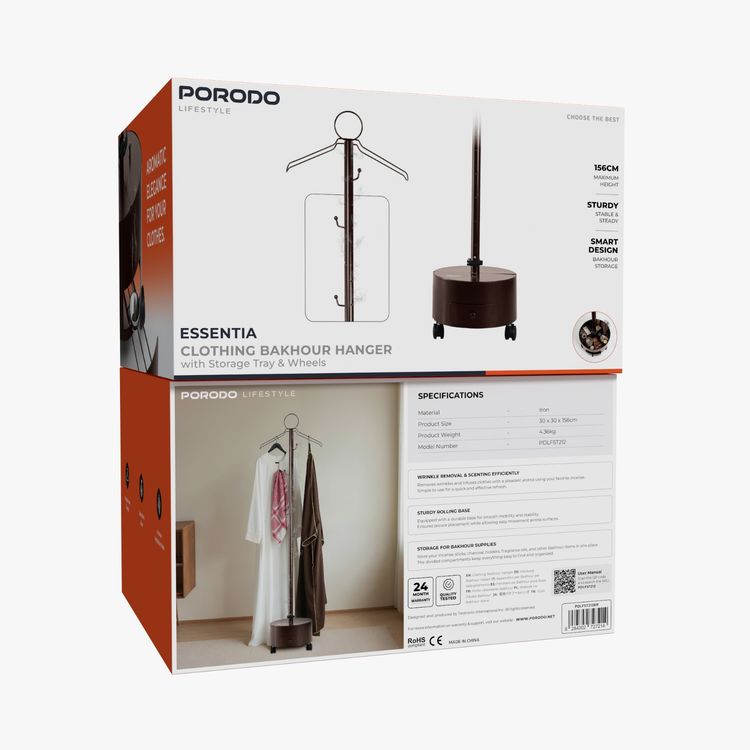 Porodo Lifestyle Essentia Clothing Bakhour Hanger with Storage Tray & Wheels, Incense Ventilation Holes, Hanger Hook Design, Easy-Move Base - Brown