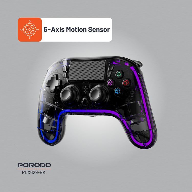 وحدة تحكم شفافة من Porodo Gaming PS4، PS4، PS3، PC (مدخل D، مدخل X)، متوافقة مع iOS وAndroid، مقبس صوت TRRS مقاس 3.5 مم، منفذ شحن من النوع C، وقت عمل من 6 إلى 16 ساعة - أسود