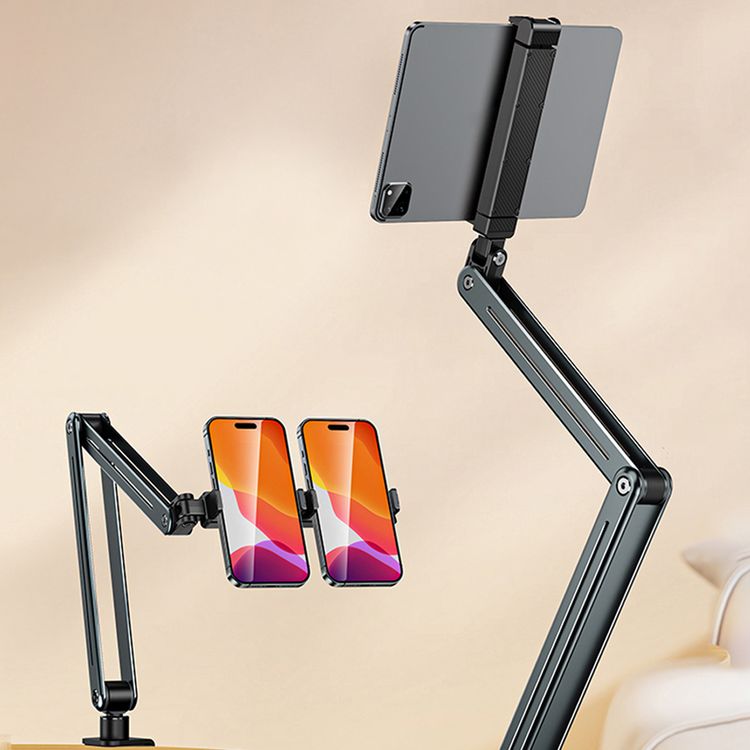 حامل الهاتف والتابلت متعدد الوصلات من Porodo بزاوية مشاهدة مرنة، مصنوع من سبيكة الألمنيوم، وظائف الالتواء والإمالة، توافق واسع - رمادي