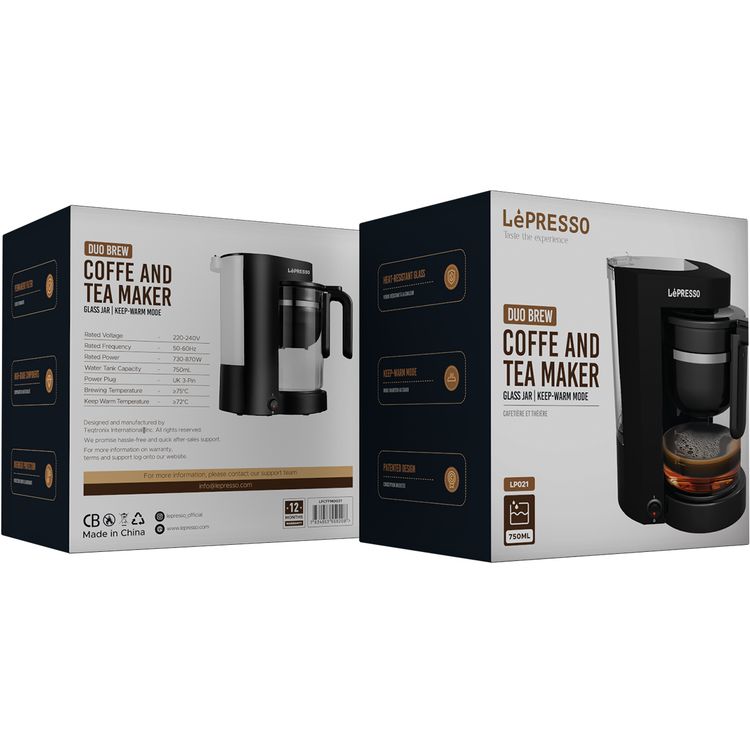 Lepresso Duo Brew Coffee and Tea Maker with Patented Design, High-Grade Components, Overheat Protection, Heat-Resistant Glass, Keep-Warm Mode - Black 