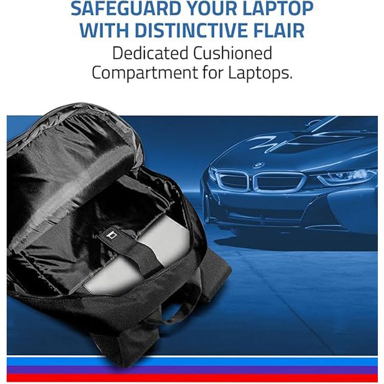 BMW Carbon & Leather Tricolor 15" Backpack with High-Quality Nylon + Synthetic Leather & Polyester Lining Material, Multiple Pockets, Adjustable Shoulder Strap, Water Resistant, Scratch-Resistant - Black