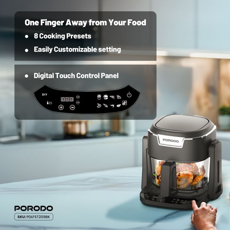 Porodo Lifestyle Quick Flip 3-in-1 Air Fryer, Grill & Hot Pot with 4.5L Capacity, 1200-1400W Rated Power, UK 3-Pin Plug, 360° Turbo Heat Technology, 100% Visible Glass Basket - Black