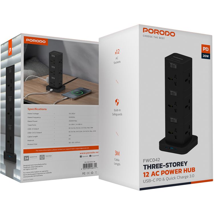 Porodo Three-Story Power Hub with USB-C PD & Quick Charge 3.0, Built-in Safeguards, 3m Cable Length, 12 AC Sockets, PC Material - Black
